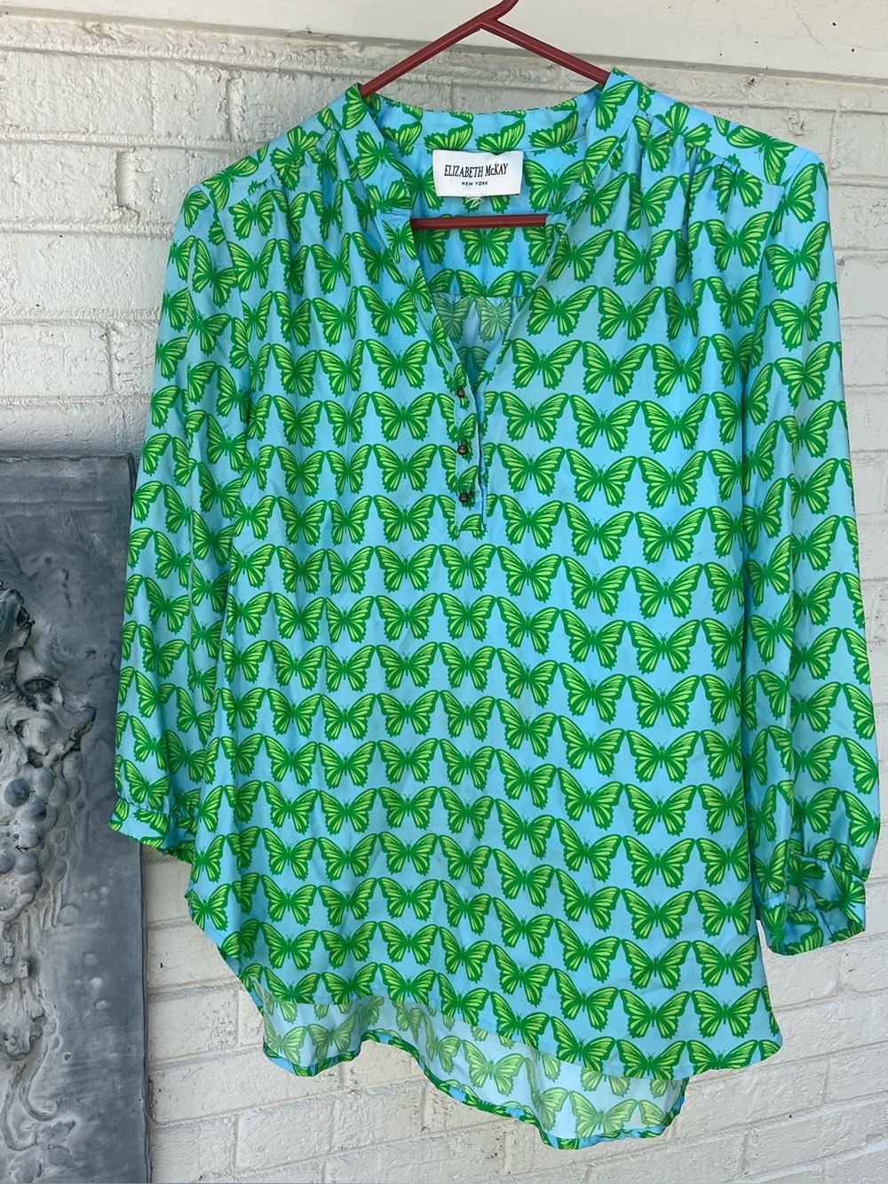 Elizabeth McKay 100% silk Turquoise Shirt with Green Butterfly Print